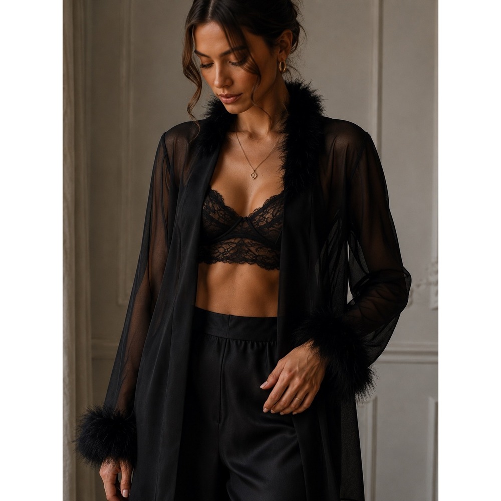 Vintage 90s Mark Edwards Black Sheer Chiffon Feather Trim Duster Jacket M Y2K